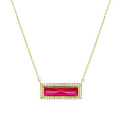 Gold finish sterling silver necklace with rectangular simulated ruby stone and simulated diamonds on 16 - 18 chain