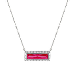 Rhodium finish sterling silver necklace with rectangular simulated ruby stone and simulated diamonds on 16 - 18 chain