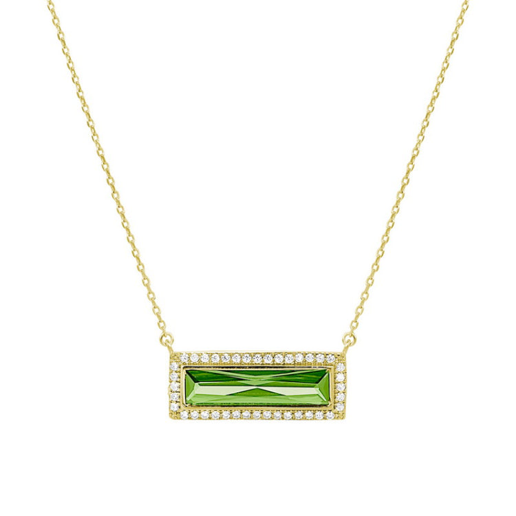 Gold finish sterling silver necklace with rectangular simulated peridot stone and simulated diamonds on 16 - 18 chain