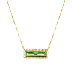 Gold finish sterling silver necklace with rectangular simulated peridot stone and simulated diamonds on 16 - 18 chain