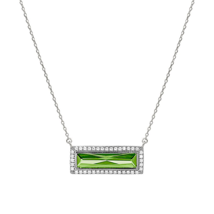 Rhodium finish sterling silver necklace with rectangular simulated peridot stone and simulated diamonds on 16 - 18 chain