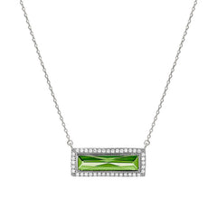 Rhodium finish sterling silver necklace with rectangular simulated peridot stone and simulated diamonds on 16 - 18 chain