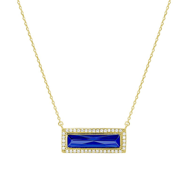 Gold finish sterling silver necklace with rectangular simulated sapphire stone and simulated diamonds on 16 - 18 chain