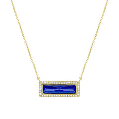 Gold finish sterling silver necklace with rectangular simulated sapphire stone and simulated diamonds on 16 - 18 chain