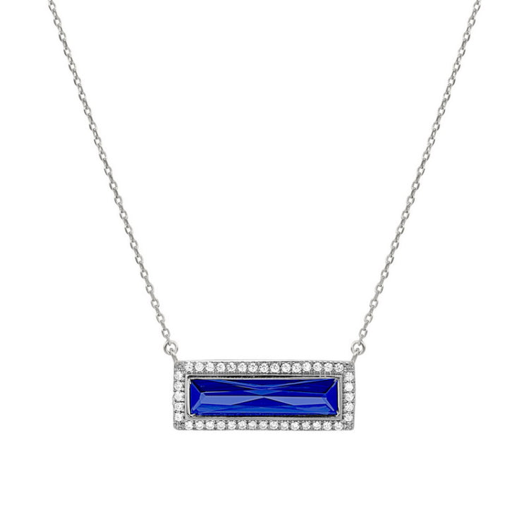 Rhodium finish sterling silver necklace with rectangular simulated sapphire stone and simulated diamonds on 16 - 18 chain