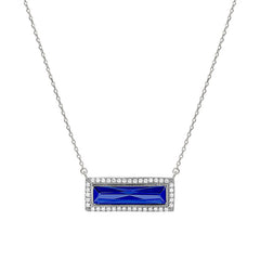 Rhodium finish sterling silver necklace with rectangular simulated sapphire stone and simulated diamonds on 16 - 18 chain
