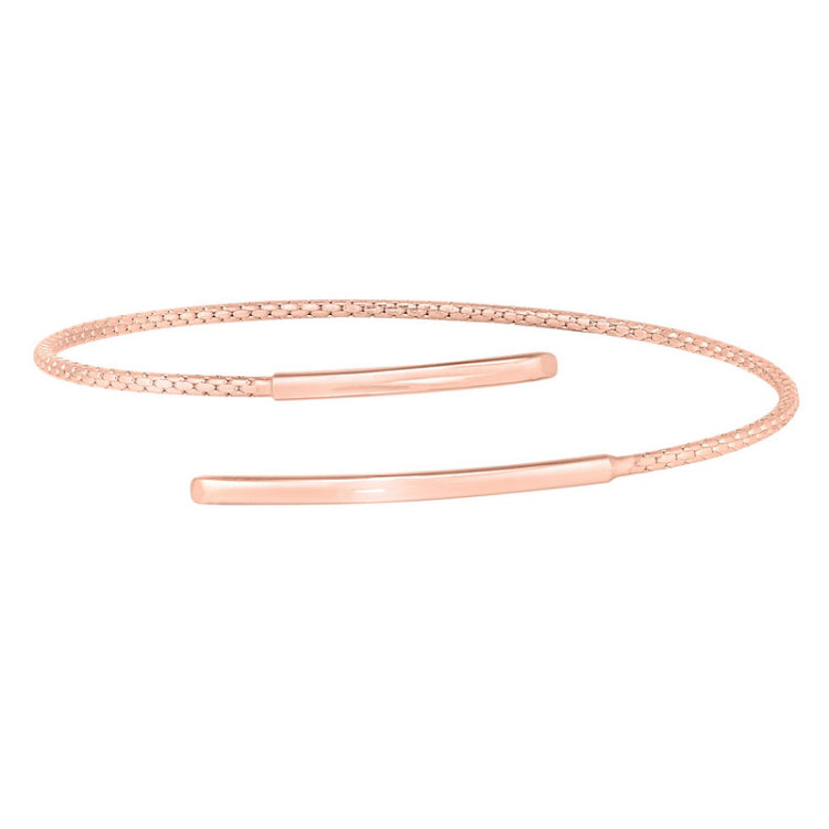 Rose Gold Finish Sterling Silver Corean Cable Cuff Bracelet with a Polished Bar on Each End.