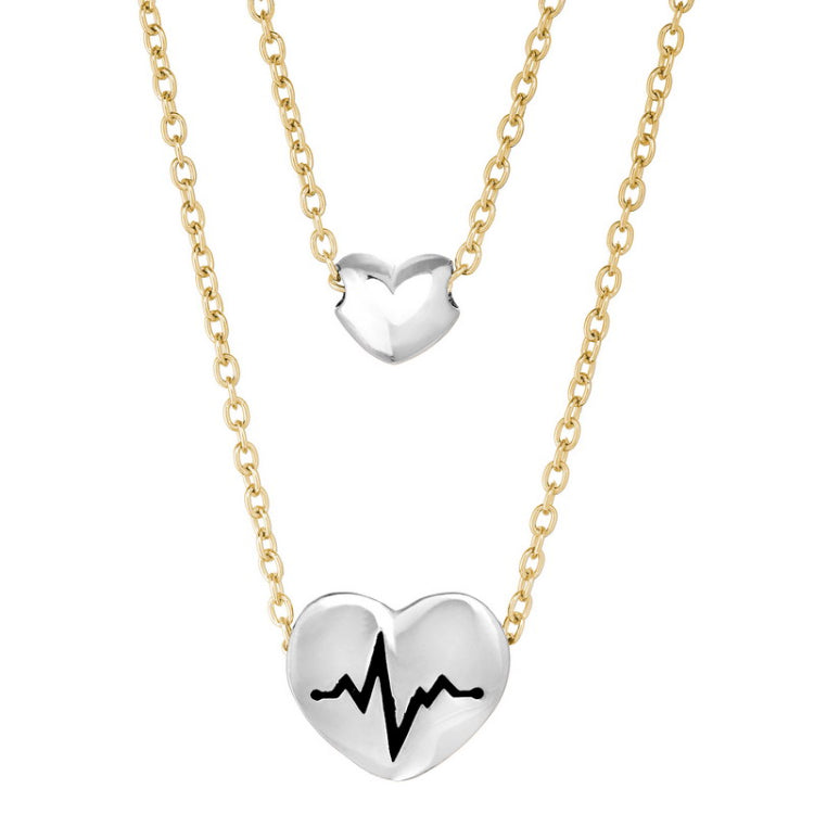 Gold Finish Sterling Silver Two Chain Necklace  Rhodium Finish Heart  a Heartbeat Design and a Smal