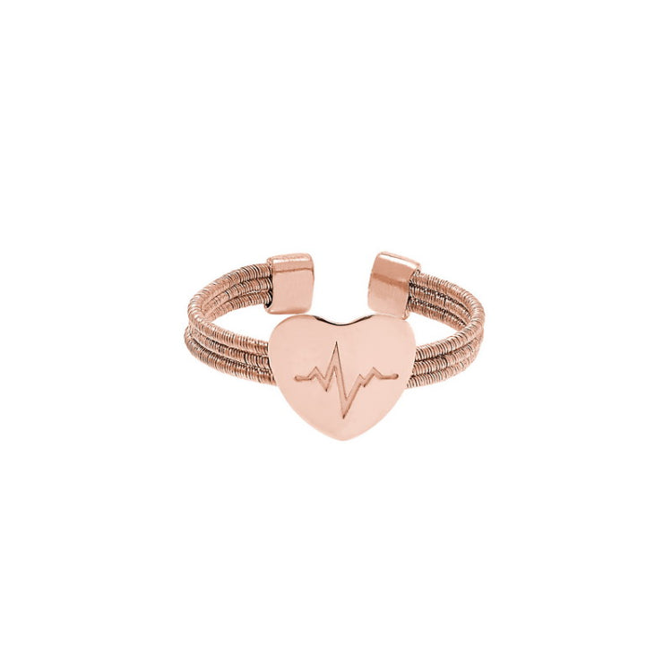 Rose Gold Finish Sterling Silver Three Cable Cuff Ring  a Polished Heart  a Heartbeat Design.