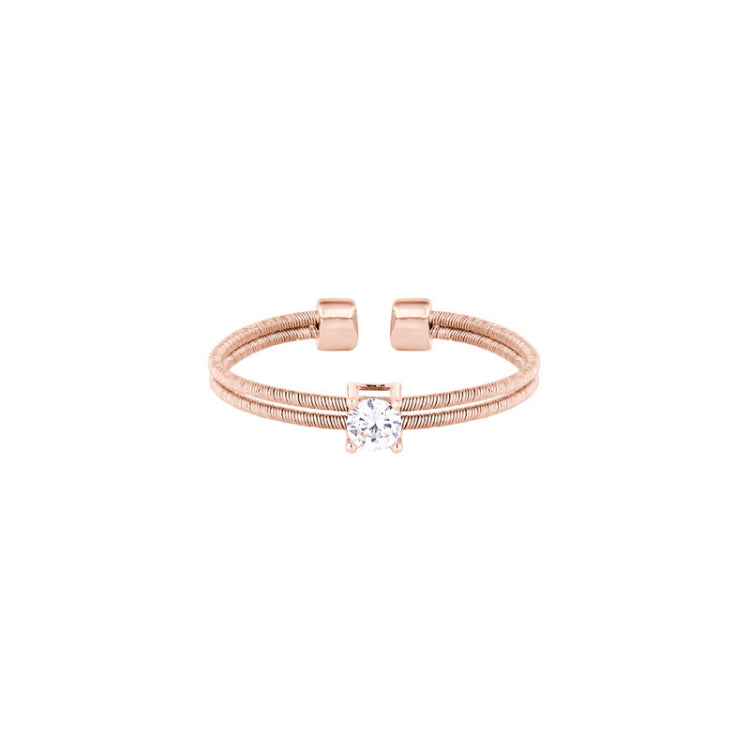Rose Gold Finish Sterling Silver Two Cable Cuff Ring with a Solitaire Simmulated Diamond