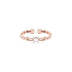 Rose Gold Finish Sterling Silver Two Cable Cuff Ring with a Solitaire Simmulated Diamond