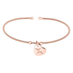 Rose Gold Finish Sterling Silver Cable Cuff Bracelet  a Dangling Polished Heart Charm  a Heartbeat 