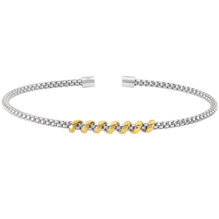 Rhodium Finish Sterling Silver Rounded Box Link Cuff Bracelet with Gold Finish Coil Wrap in the Center