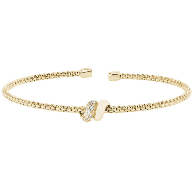 Gold Finish Sterling Silver Rounded Box Link Cuff Bracelet with Double Coil Wrap in Center, 1 coil with Simulated Diamonds