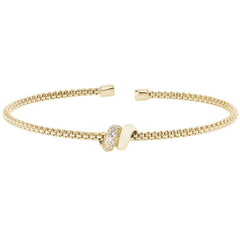 Gold Finish Sterling Silver Rounded Box Link Cuff Bracelet with Double Coil Wrap in Center, 1 coil with Simulated Diamonds