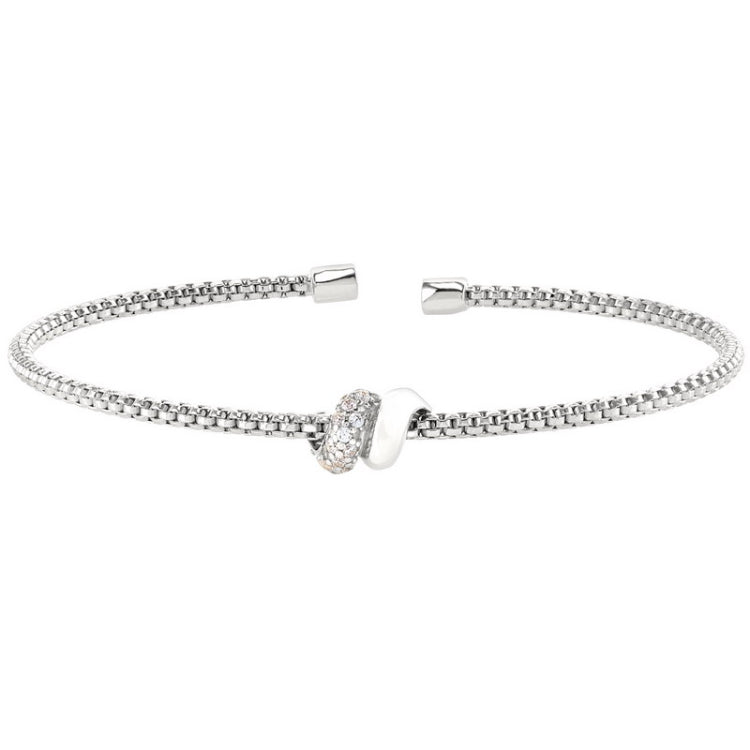 Rhodium Finish Sterling Silver Rounded Box Link Cuff Bracelet with Double Coil Wrap in Center, 1 coil with Simulated Diamond