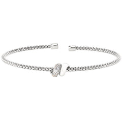 Rhodium Finish Sterling Silver Rounded Box Link Cuff Bracelet with Double Coil Wrap in Center, 1 coil with Simulated Diamond