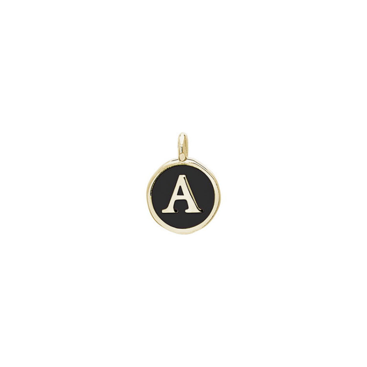 Gold Finish Sterling Silver Black Enamel Initial Charm - A-Z