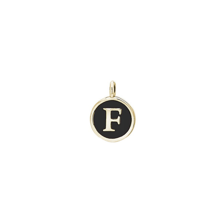 Gold Finish Sterling Silver Black Enamel Initial Charm - F
