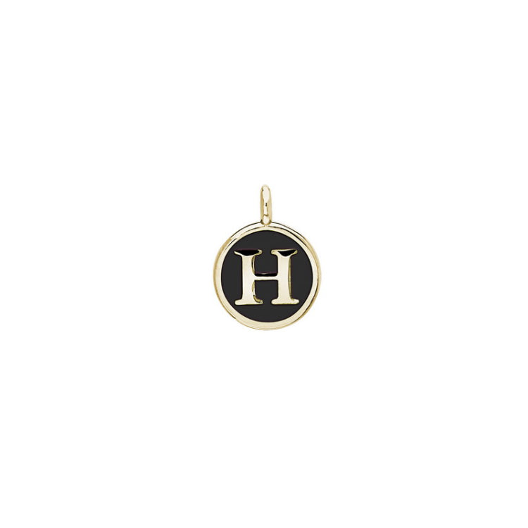 Gold Finish Sterling Silver Black Enamel Initial Charm - H