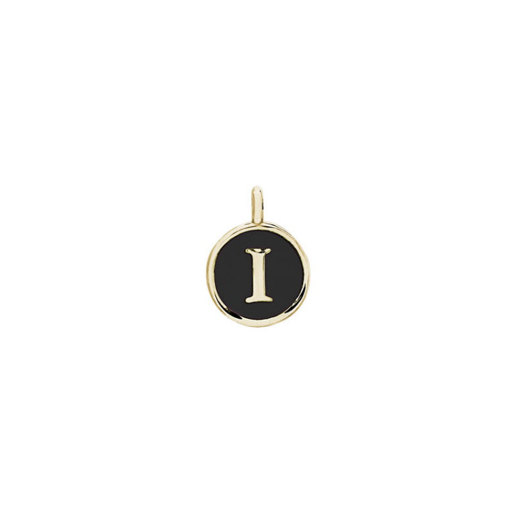 Gold Finish Sterling Silver Black Enamel Initial Charm - I