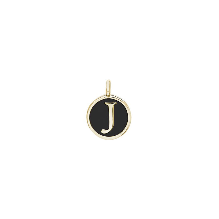 Gold Finish Sterling Silver Black Enamel Initial Charm - J