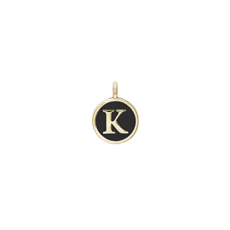 Gold Finish Sterling Silver Black Enamel Initial Charm - K