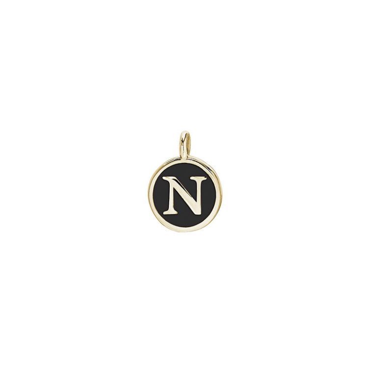 Gold Finish Sterling Silver Black Enamel Initial Charm - N