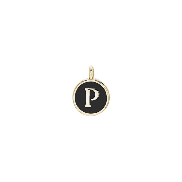 Gold Finish Sterling Silver Black Enamel Initial Charm - P