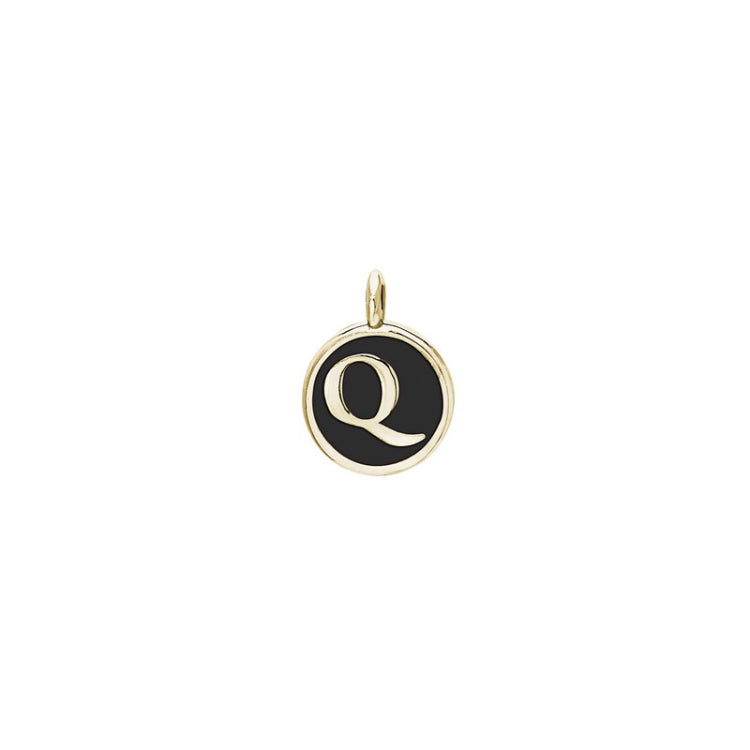 Gold Finish Sterling Silver Black Enamel Initial Charm - Q