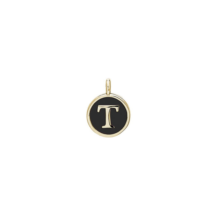 Gold Finish Sterling Silver Black Enamel Initial Charm - T