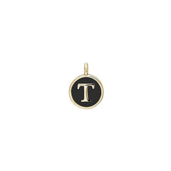 Gold Finish Sterling Silver Black Enamel Initial Charm - T