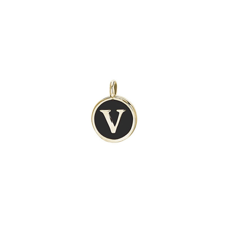 Gold Finish Sterling Silver Black Enamel Initial Charm - V