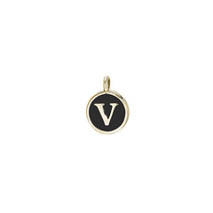 Gold Finish Sterling Silver Black Enamel Initial Charm - V
