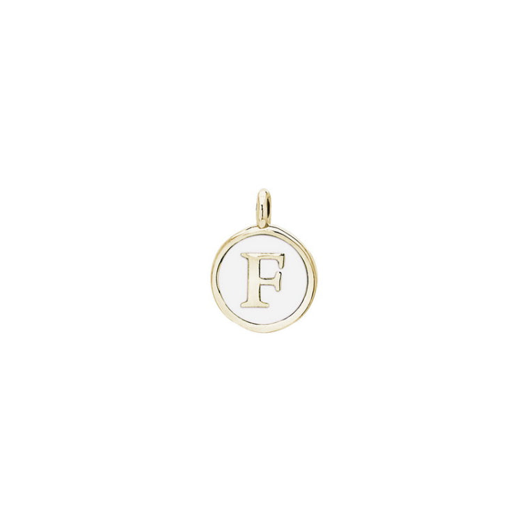 Gold Finish Sterling Silver White Enamel Initial Charm - F