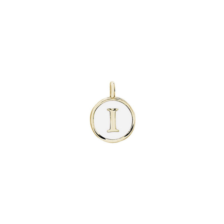Gold Finish Sterling Silver White Enamel Initial Charm - I