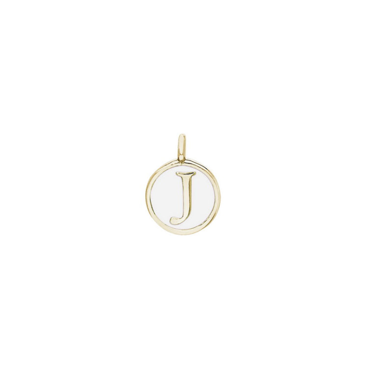 Gold Finish Sterling Silver White Enamel Initial Charm - J