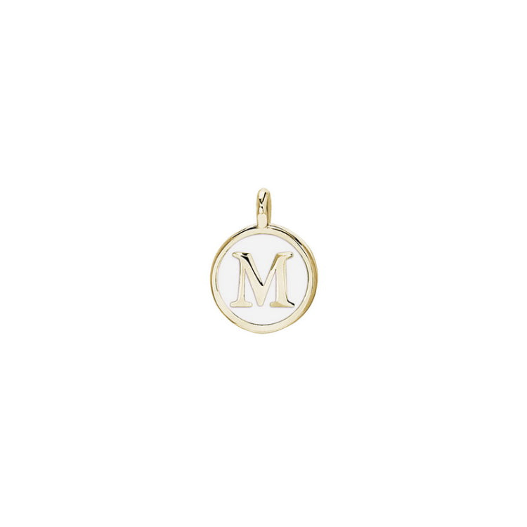 Gold Finish Sterling Silver White Enamel Initial Charm - M
