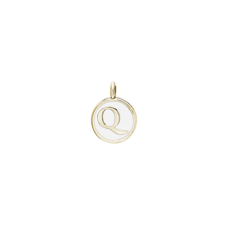 Gold Finish Sterling Silver White Enamel Initial Charm - Q