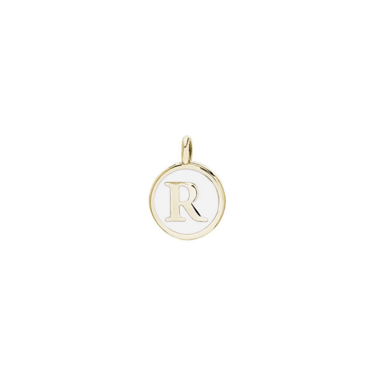 Gold Finish Sterling Silver White Enamel Initial Charm - R