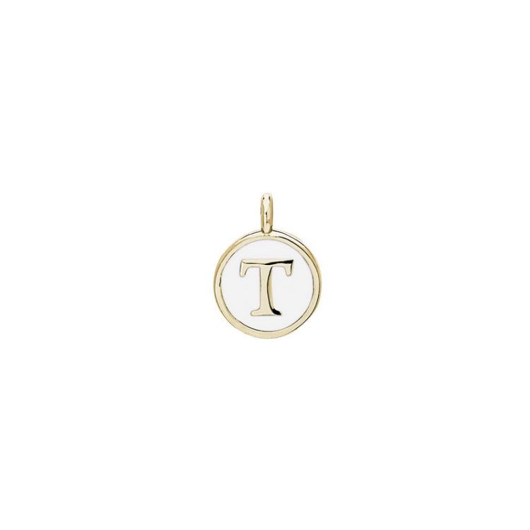 Gold Finish Sterling Silver White Enamel Initial Charm - T