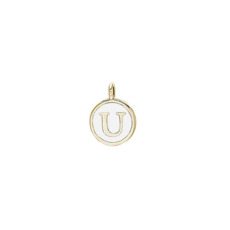 Gold Finish Sterling Silver White Enamel Initial Charm - U
