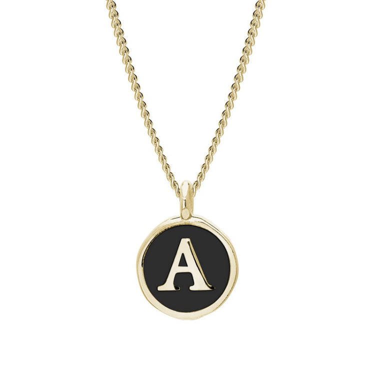 Gold Finish Sterling Silver Black Enamel Initial Necklace on 18" Curb Chain - A