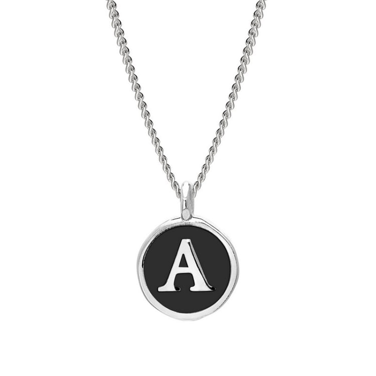 Rhodium Finish Sterling Silver Black Enamel Initial Necklace on 18" Curb Chain - A