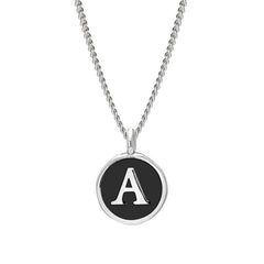 Rhodium Finish Sterling Silver Black Enamel Initial Necklace on 18" Curb Chain - A