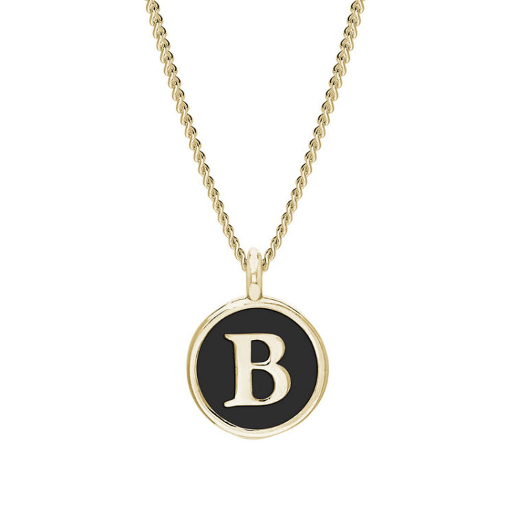 Gold Finish Sterling Silver Black Enamel Initial Necklace on 18" Curb Chain - B