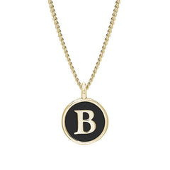 Gold Finish Sterling Silver Black Enamel Initial Necklace on 18" Curb Chain - B