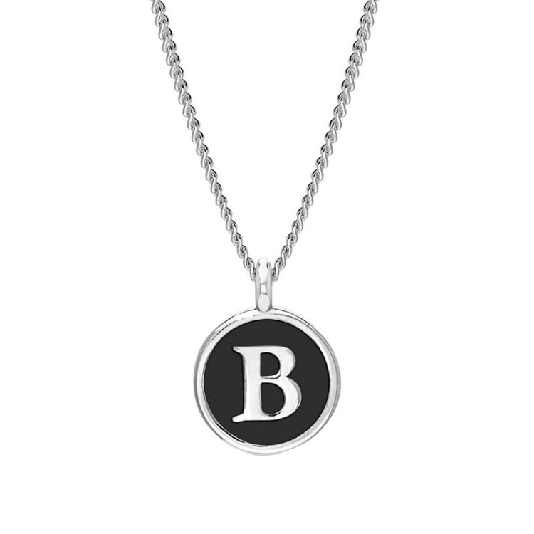 Rhodium Finish Sterling Silver Black Enamel Initial Necklace on 18" Curb Chain - B
