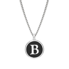 Rhodium Finish Sterling Silver Black Enamel Initial Necklace on 18" Curb Chain - B