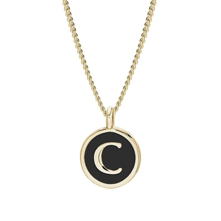 Gold Finish Sterling Silver Black Enamel Initial Necklace on 18" Curb Chain - C